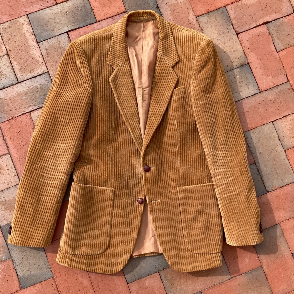 Vintage Caramel Brown Corduroy Blazer Chams Unisex Professor Autumn - Picture 2 of 13